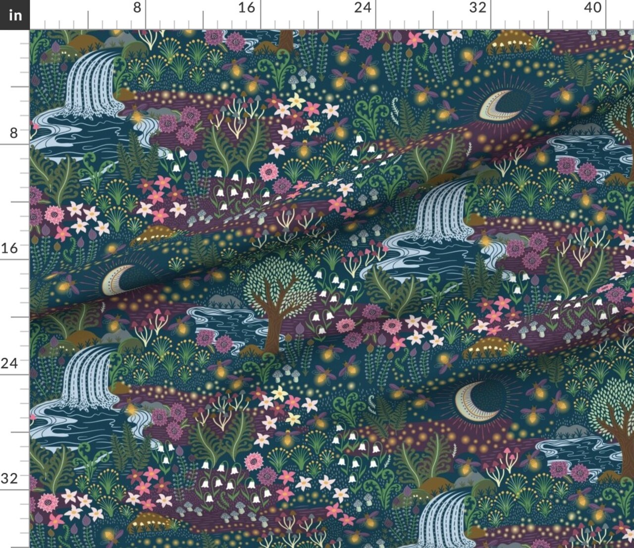 Magical Garden Woodland Floral Whimsical Night Botanical Fireflies Moon Jewel Tone Custom Printed Fabric by Spoonflower Various Fabrics by the Yard or Fat Quarter